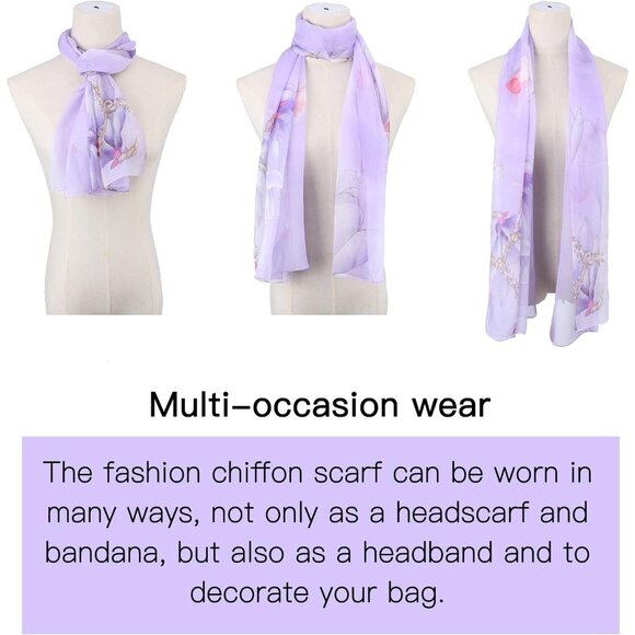 Women's Light Purple Fashion Lightweight Head Scarf Floral Print Chiffon Scarves - Picture 4 of 7